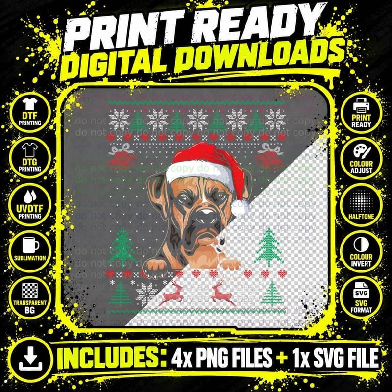 Funny Boxer Dog Christmas Santa Hat Dog Ugly Sweater Png SVG Digital Bundle