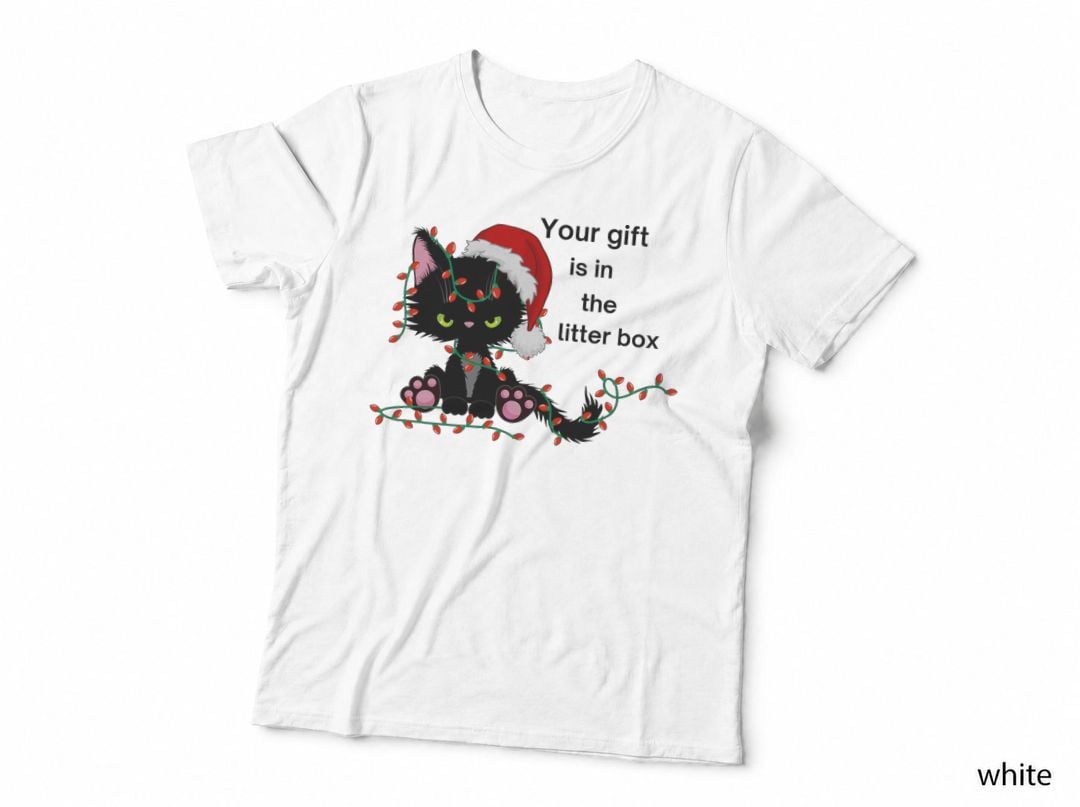 Funny Cat Christmas Your Present Is in the Litter Box Cat T-Shirt