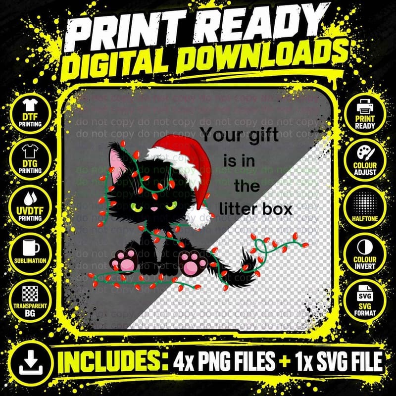 Funny Cat Christmas Your Present Is in the Litter Box Png SVG Digital Bundle