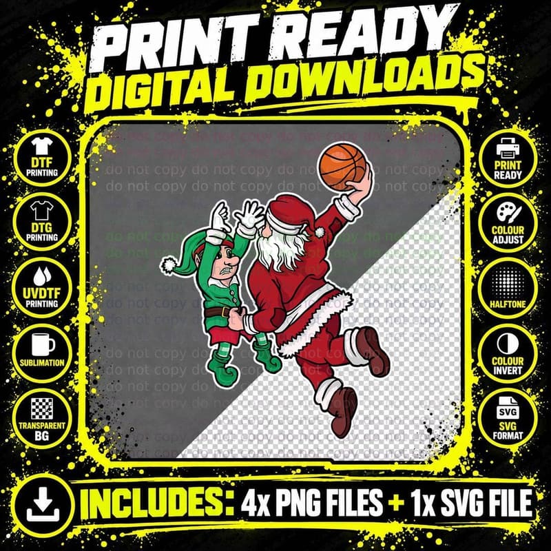 Funny Christmas Basketball Player Santa Claus Dunk Xmas Png SVG Digital Bundle