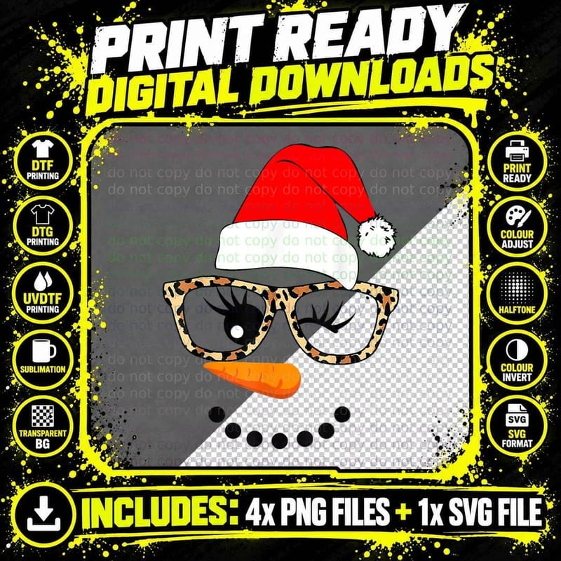 Funny Christmas Snowman Face Leopard Glasses Santa Hat Png SVG Digital Bundle