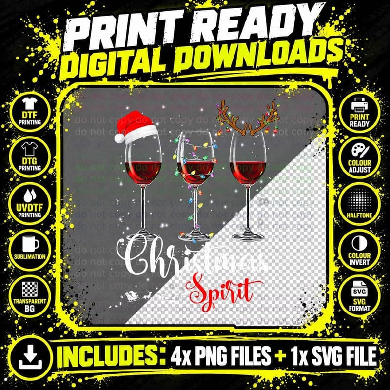 Funny Christmas Spirits Glasses of Wine Xmas Holidays Png SVG Digital Bundle