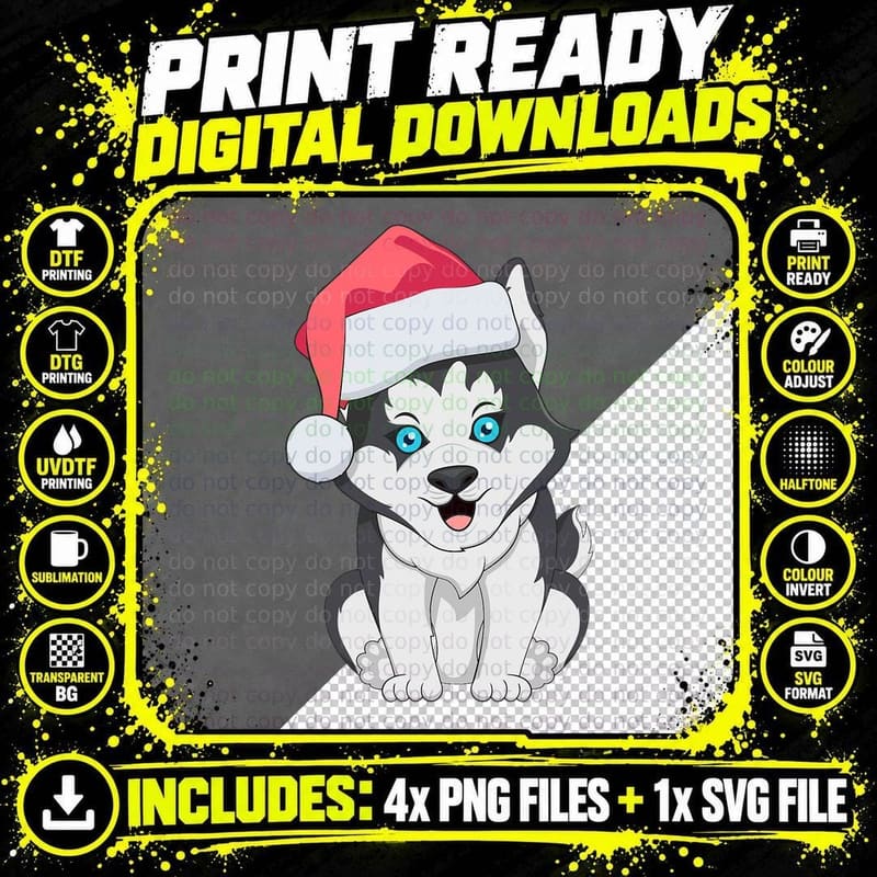 Funny Cute Siberian Husky Christmas Santa Hat Huskies Png SVG Digital Bundle
