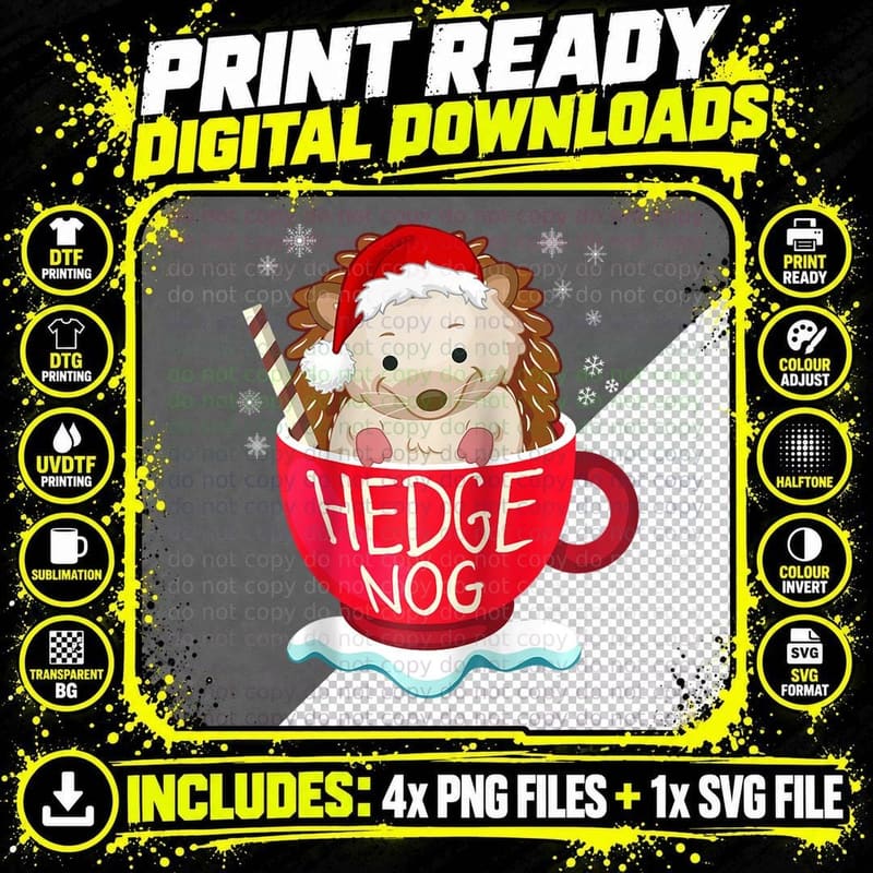 Funny Eggnog Cute Santa Hat Hedgehog Christmas Pajama Png SVG Digital Bundle