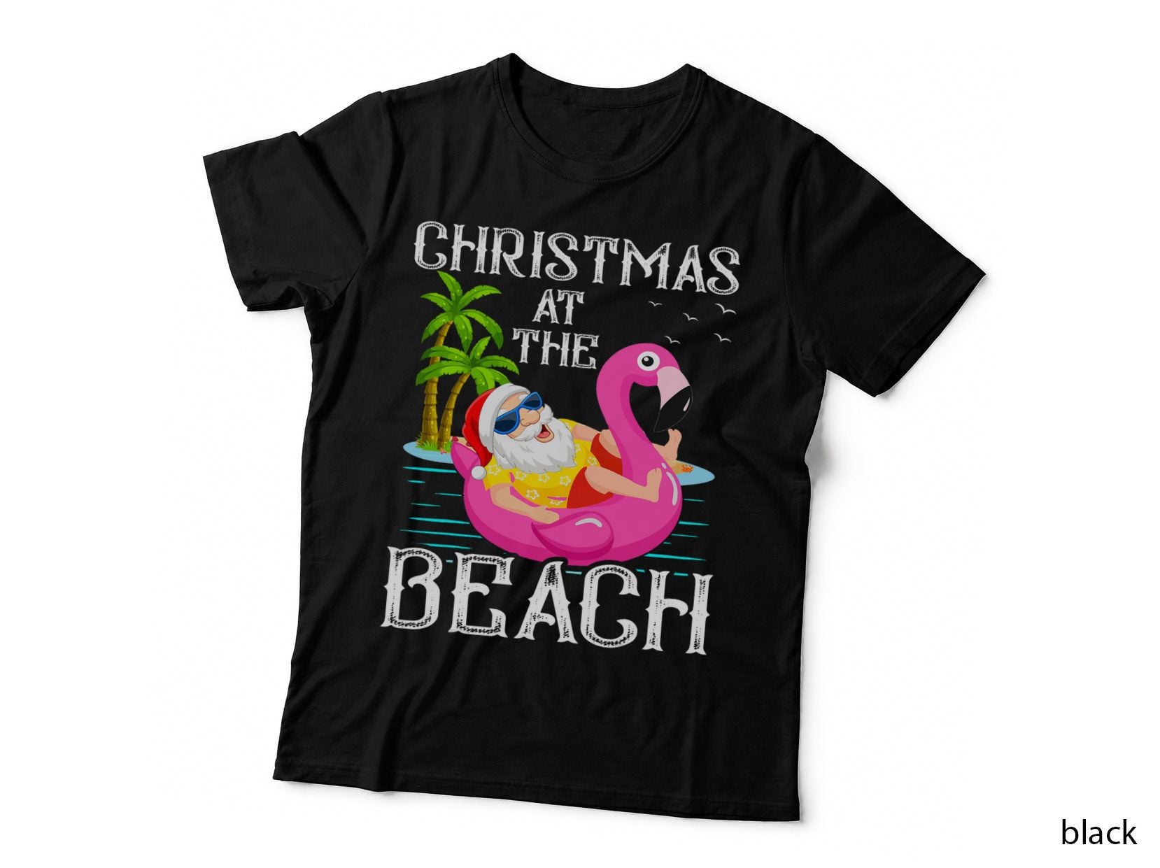 Funny Flamingo Float Santa Claus Christmas at the Beach T-Shirt
