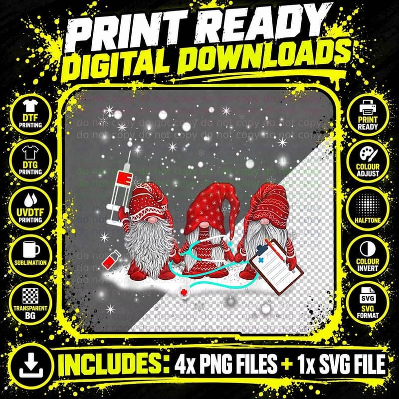 Funny Nurse Gnomes Santa Christmas Light Nursing Lover Png SVG Digital Bundle