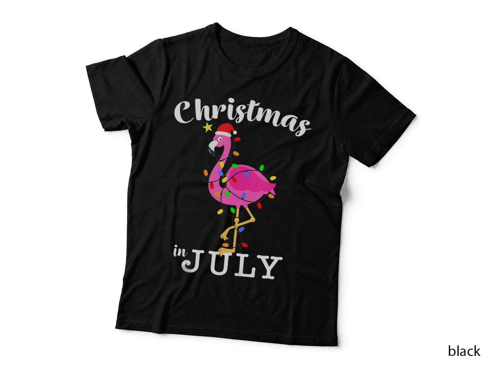 Funny Pink Flamingo in Santa Hat Christmas July Men Women T-Shirt