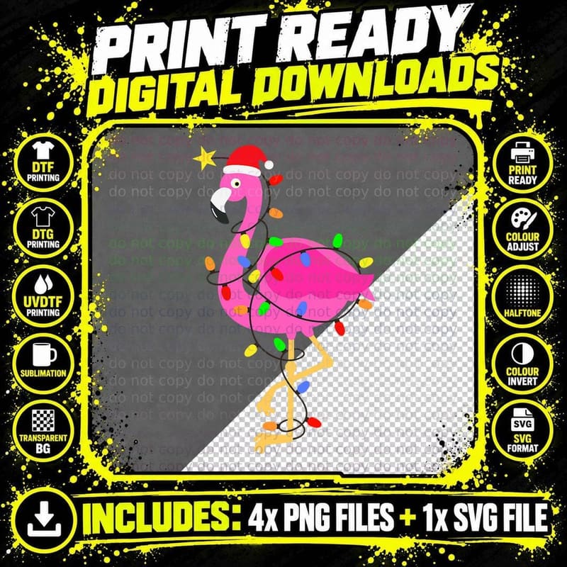 Funny Pink Flamingo in Santa Hat Christmas in July Men Png SVG Digital Bundle