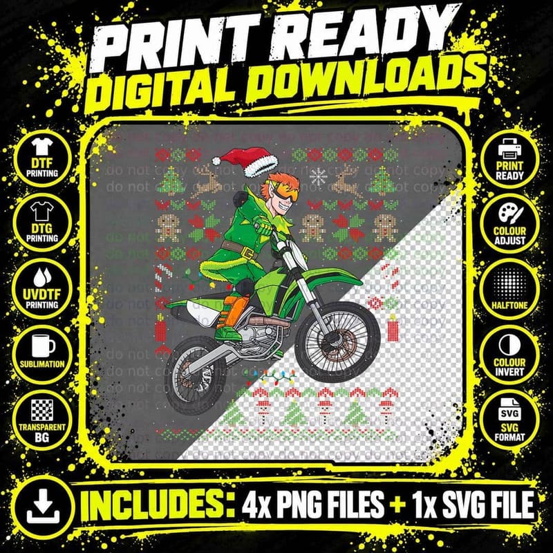 Funny Ugly Christmas the Motocross Elf Holiday T-Shirt Png SVG Digital Bundle