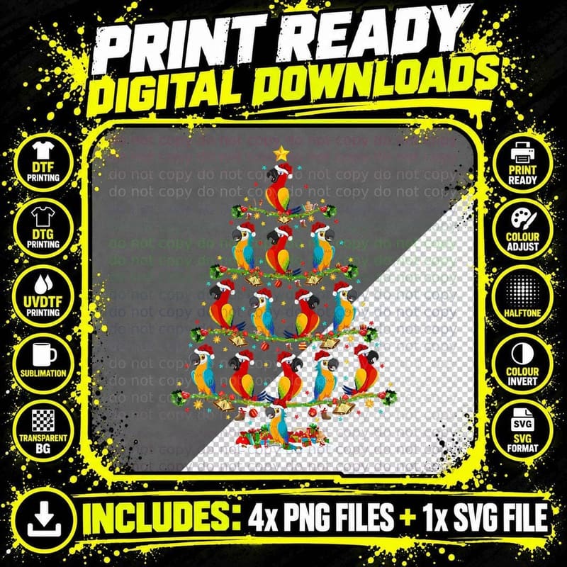 Funny Xmas Lighting Santa Parrot Christmas Tree Png SVG Digital Bundle