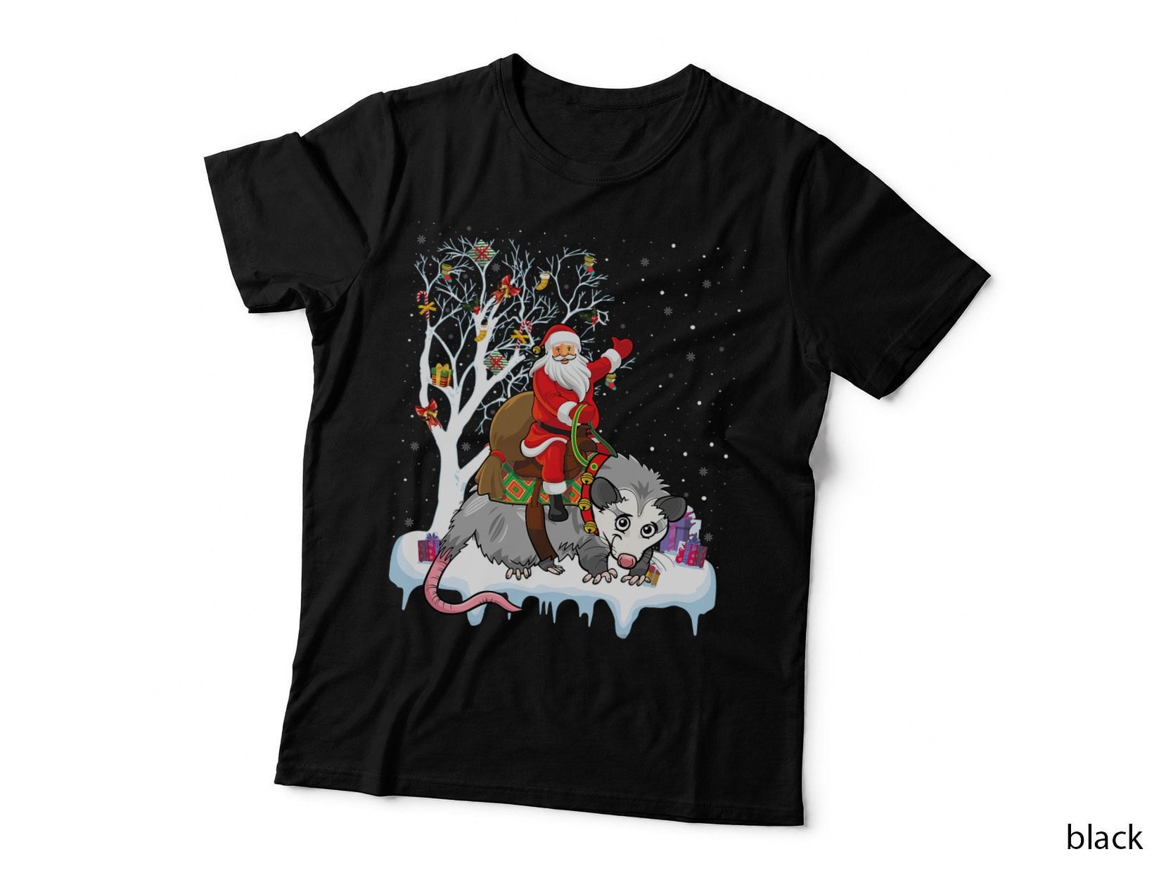 Funny Xmas Lighting Tree Santa Riding Opossum Christmas T-Shirt