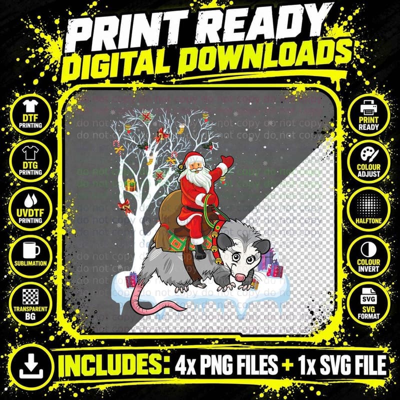 Funny Xmas Lighting Tree Santa Riding Opossum Christmas Png SVG Digital Bundle
