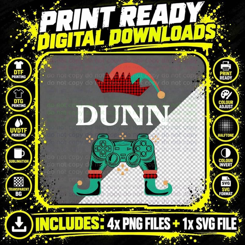 Gamer Elf Custom Name Dunn Christmas Legendary Video Png SVG Digital Bundle