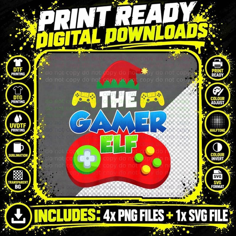 Gamer Elf Gaming Video Game Christmas Fun Holiday T-Shirt Png SVG Digital Bundle