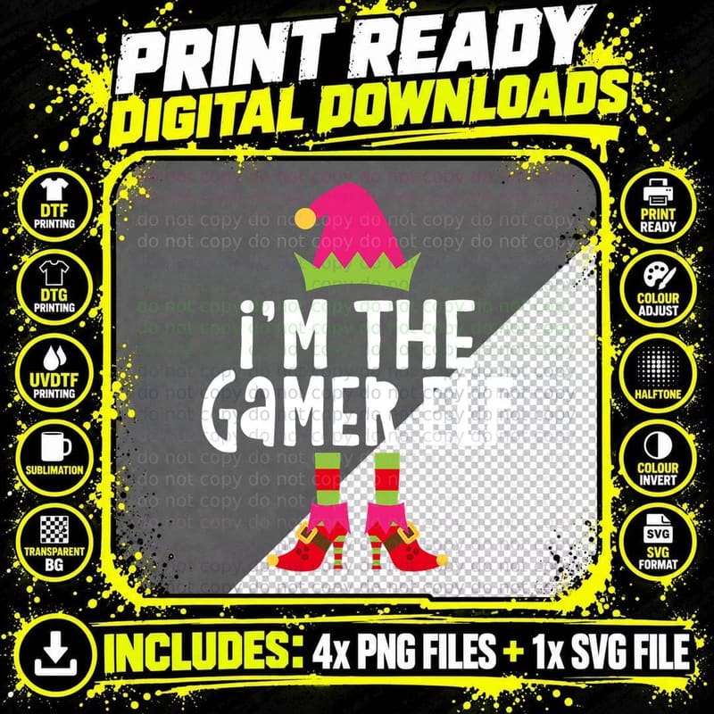 Gamer Elf Matching Christmas Costume Holiday Fun T-Shirt Png SVG Digital Bundle