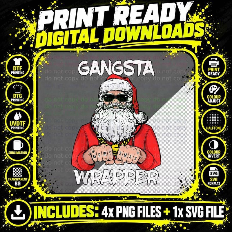 Gangsta Wrapper Funny Santa Christmas Men Women Pajama Png SVG Digital Bundle