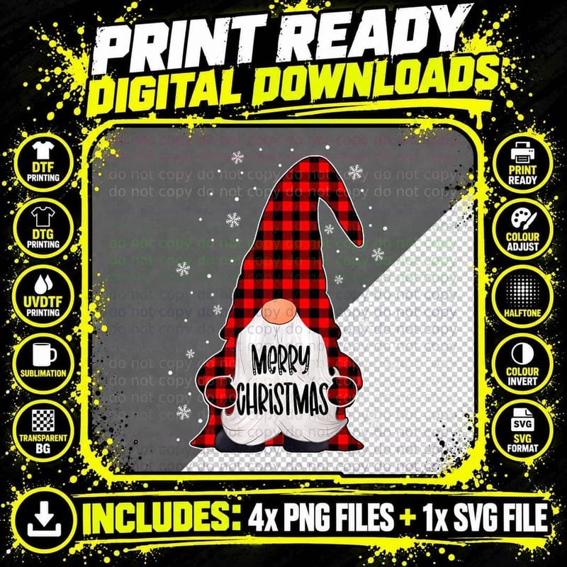 Gnome Merry Christmas Buffalo Red Plaid Matching Family Png SVG Digital Bundle