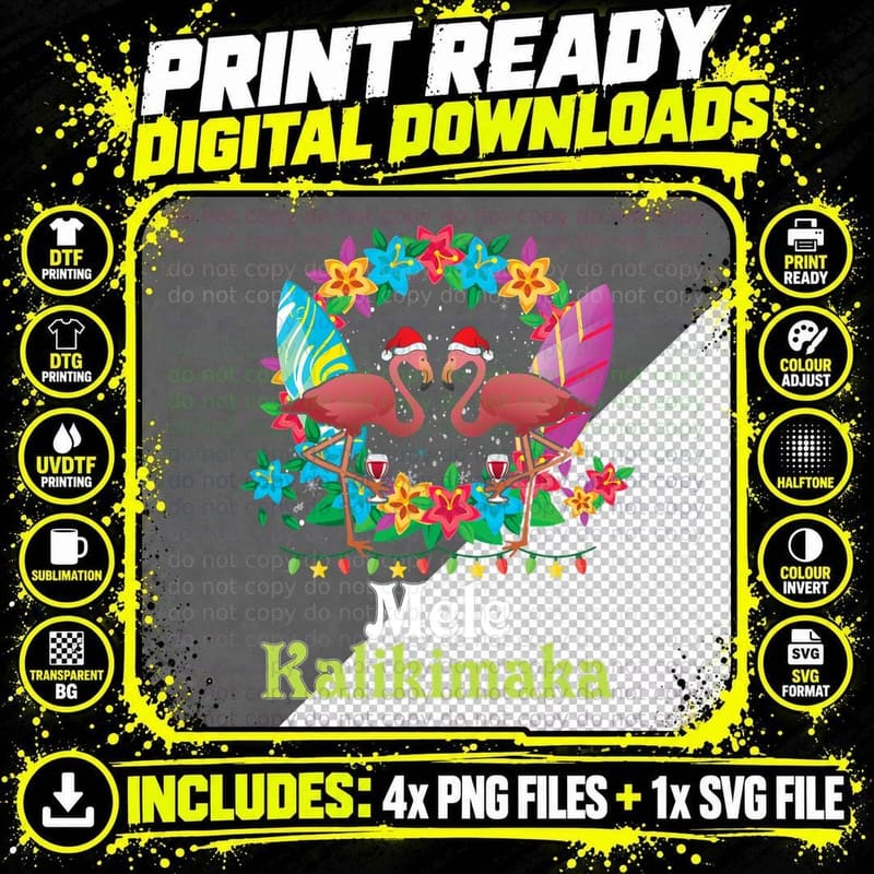 Hawaii Mele Kalikimaka Flamingo Christmas Merry Hawaiian Png SVG Digital Bundle