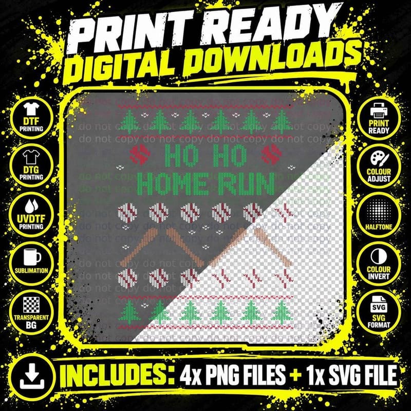 Ho Ho HOME Run Funny Ugly Christmas Apparel Baseball Png SVG Digital Bundle