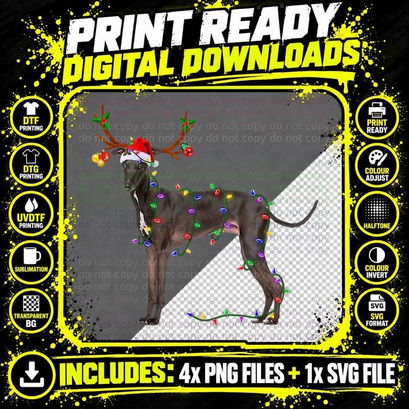 Italian Greyhound Dog Tree Christmas Lights Xmas Pajama Png SVG Digital Bundle