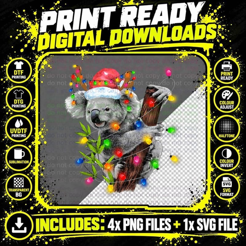Koala Christmas Lights Funny Santa Hat Merry Christmas Png SVG Digital Bundle