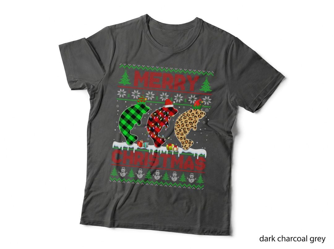 Manatee Xmas Leopard Plaid Elf Santa Hat Christmas T-Shirt