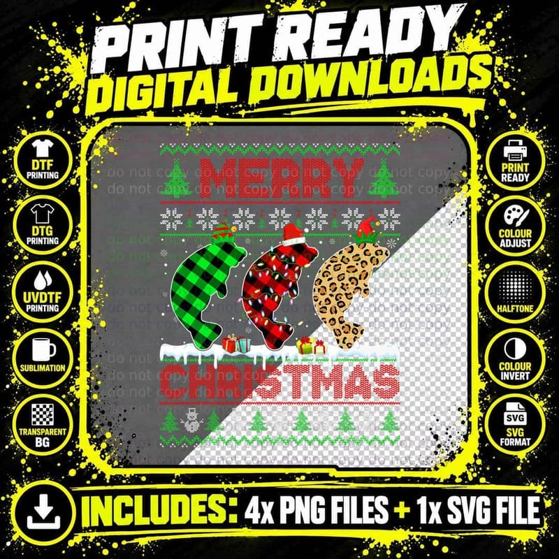 Manatee Xmas Leopard Plaid Elf Santa Hat Christmas Png SVG Digital Bundle