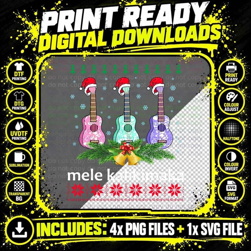 Mele Kalikimaka Ukulele Guitar Hawaii Christmas T-Shirt Png SVG Digital Bundle