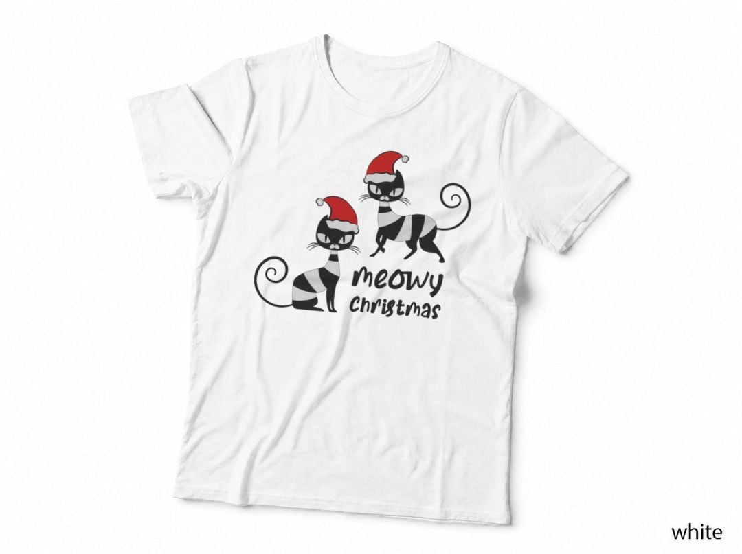 Meowy Christmas Meowie Catmas Funny Xmas Pun - Cat Santa Hat T-Shirt