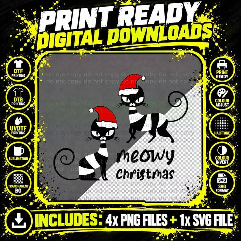 Meowy Christmas Meowie Catmas Funny Xmas Pun - Cat Santa Png SVG Digital Bundle