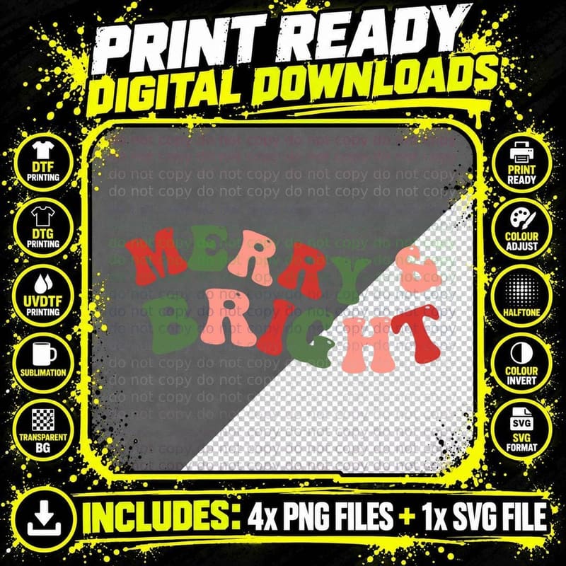 Merry & Bright - Groovy Christmas Retro Holiday 70s Png SVG Digital Bundle