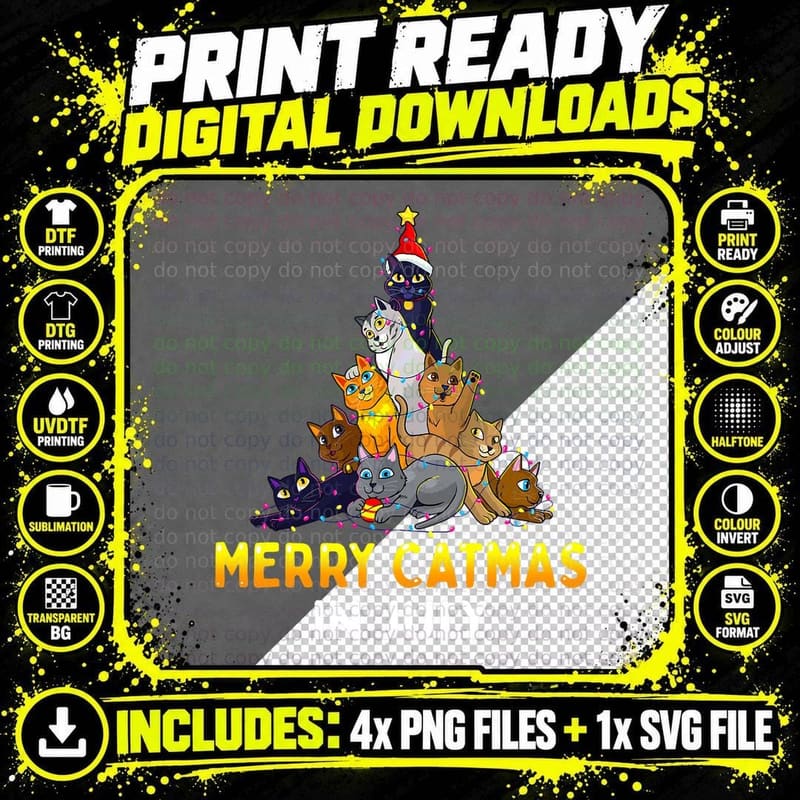 Merry Catmas in July Cute Cat Xmas Tree Men Women Kids Png SVG Digital Bundle