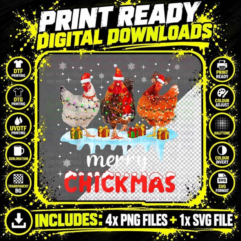 Merry Chickmas Christmas Chicken Lover Santa Hat Xmas Png SVG Digital Bundle
