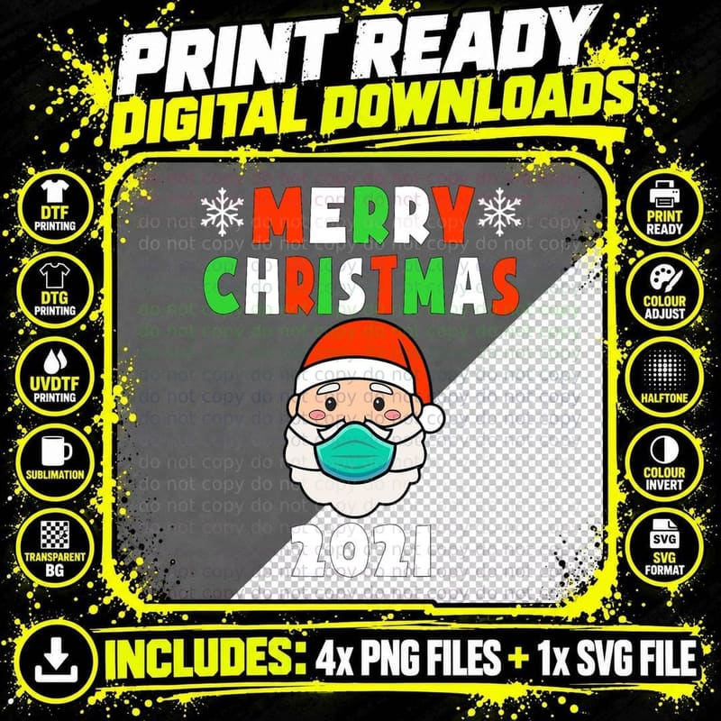 Merry Christmas 2021 Santa Wearing Mask Kids Toddler Png SVG Digital Bundle