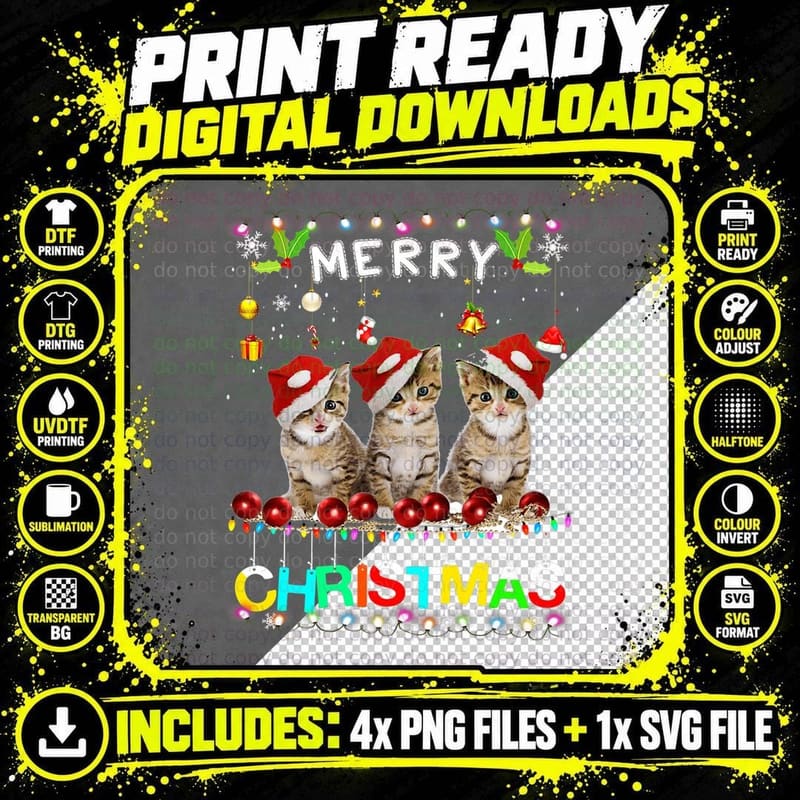 Merry Christmas Cats Shirt Santa Hat Lights Xmas Funny Png SVG Digital Bundle
