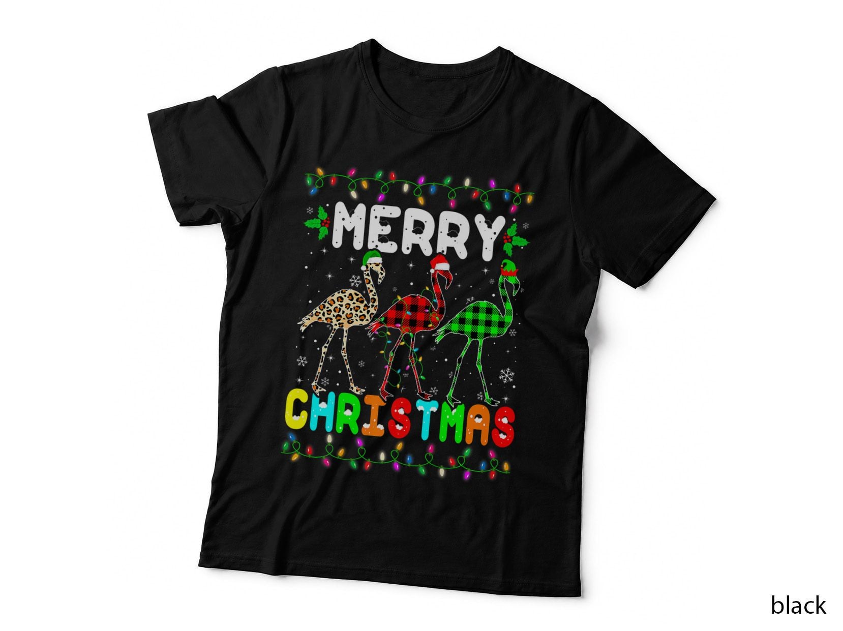 Merry Christmas Flamingo Santa Elf Xmas Leopard Plaid T-Shirt
