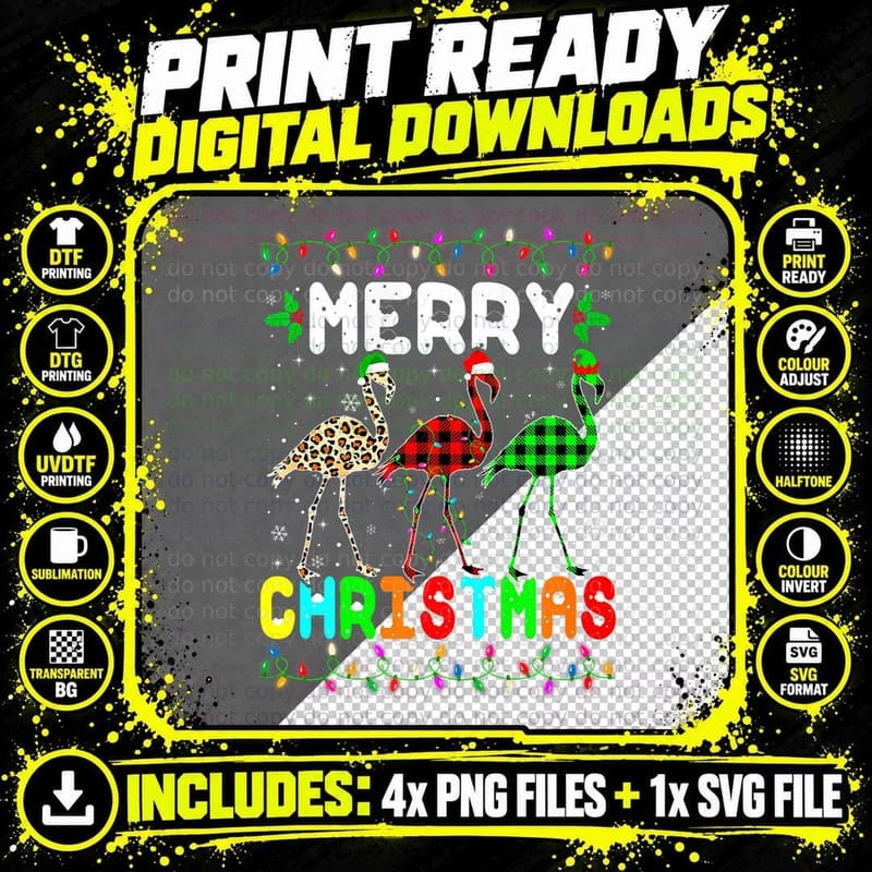 Merry Christmas Flamingo Santa Elf Xmas Leopard Plaid Png SVG Digital Bundle