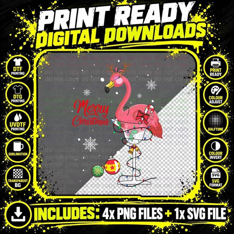 Merry Christmas Pink Flamingo Wine Drinking Lights Xmas Png SVG Digital Bundle