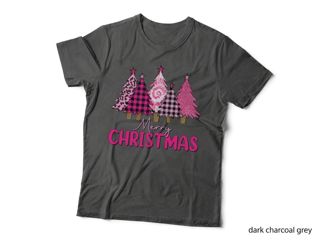 Merry Christmas Trees Leopard Buffalo Plaid Pink Women Girls T-Shirt