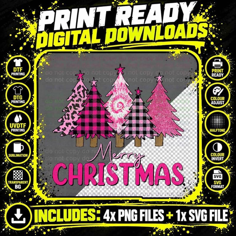 Merry Christmas Trees Leopard Buffalo Plaid Pink Women Png SVG Digital Bundle