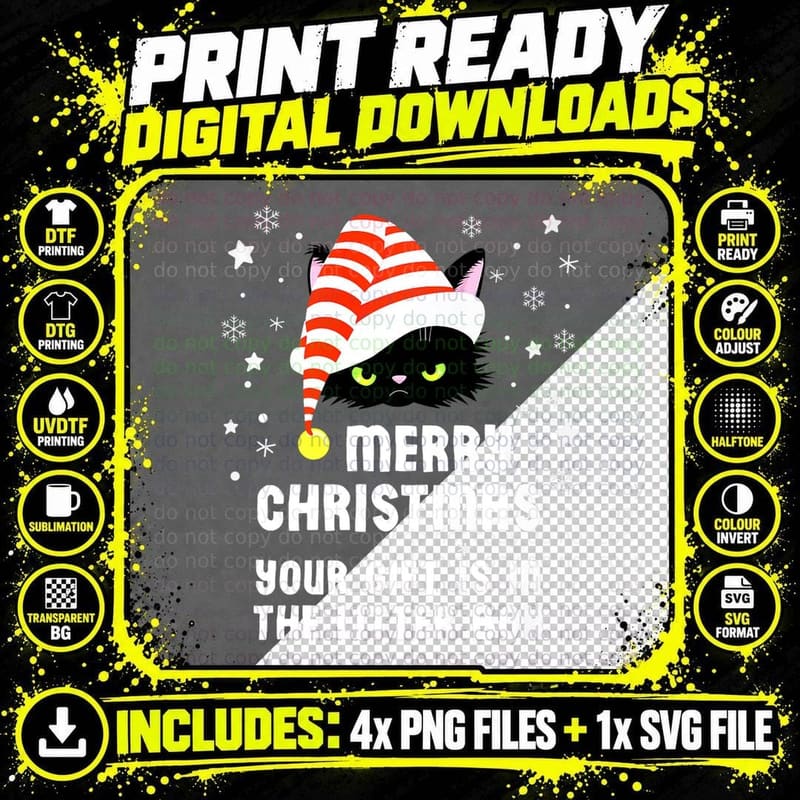 Merry Christmas Your Gift in Litter Box Cat Funny T-Shirt Png SVG Digital Bundle