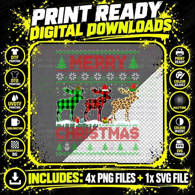 Moose Xmas Leopard Plaid Elf Santa Hat Christmas Gift Png SVG Digital Bundle