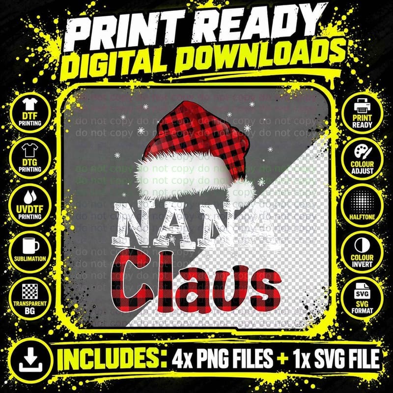 Nana Claus Funny Christmas Santa Hat Red Plaid Family Png SVG Digital Bundle