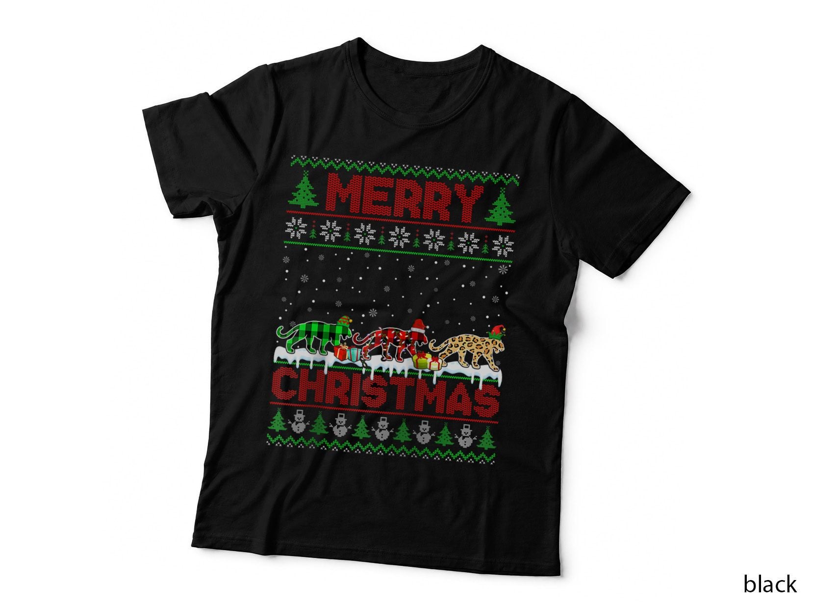 Panther Xmas Leopard Plaid Elf Santa Hat Christmas Gift T-Shirt