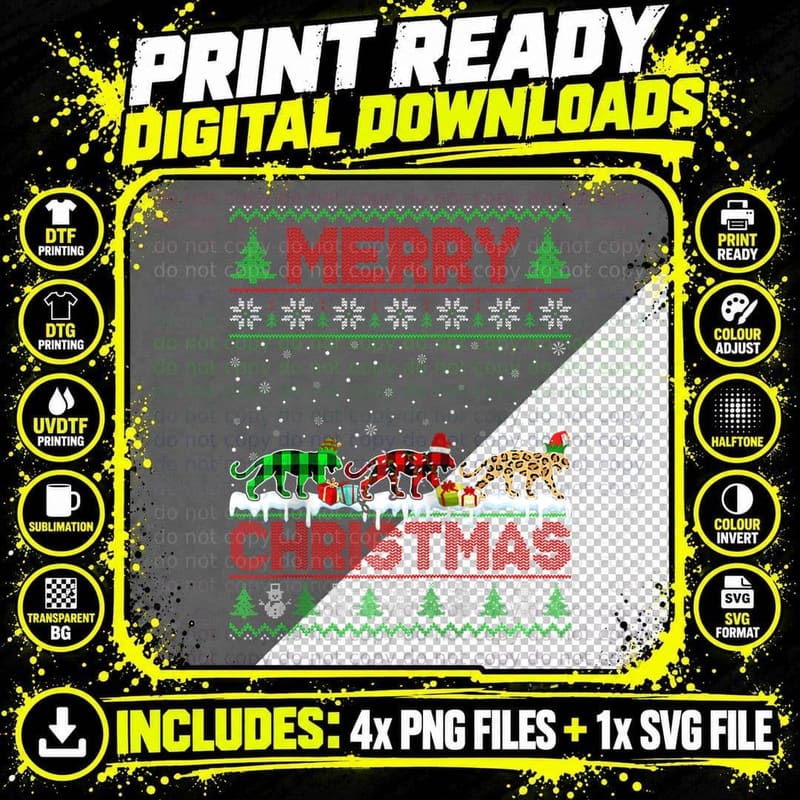 Panther Xmas Leopard Plaid Elf Santa Hat Christmas Gift Png SVG Digital Bundle