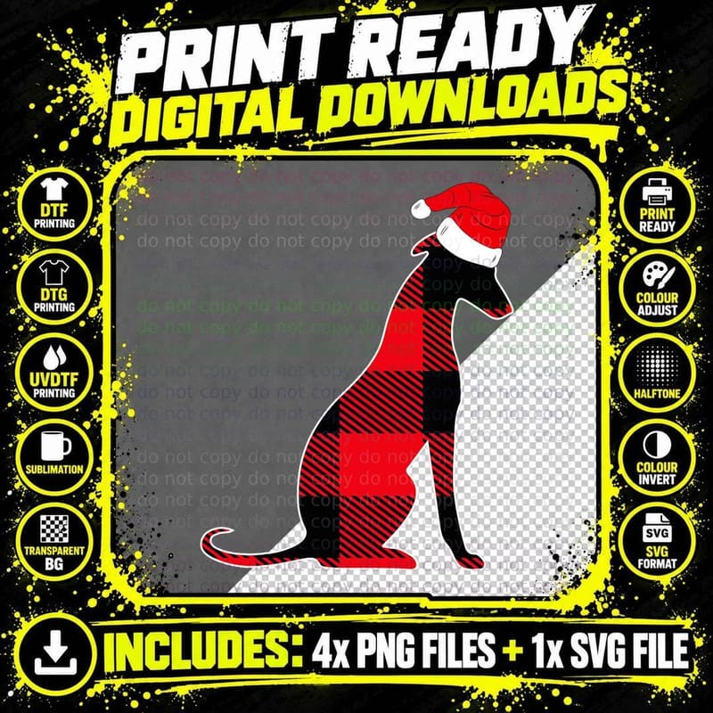 Red Plaid Greyhound Santa Hat Christmas Pajama Family Png SVG Digital Bundle