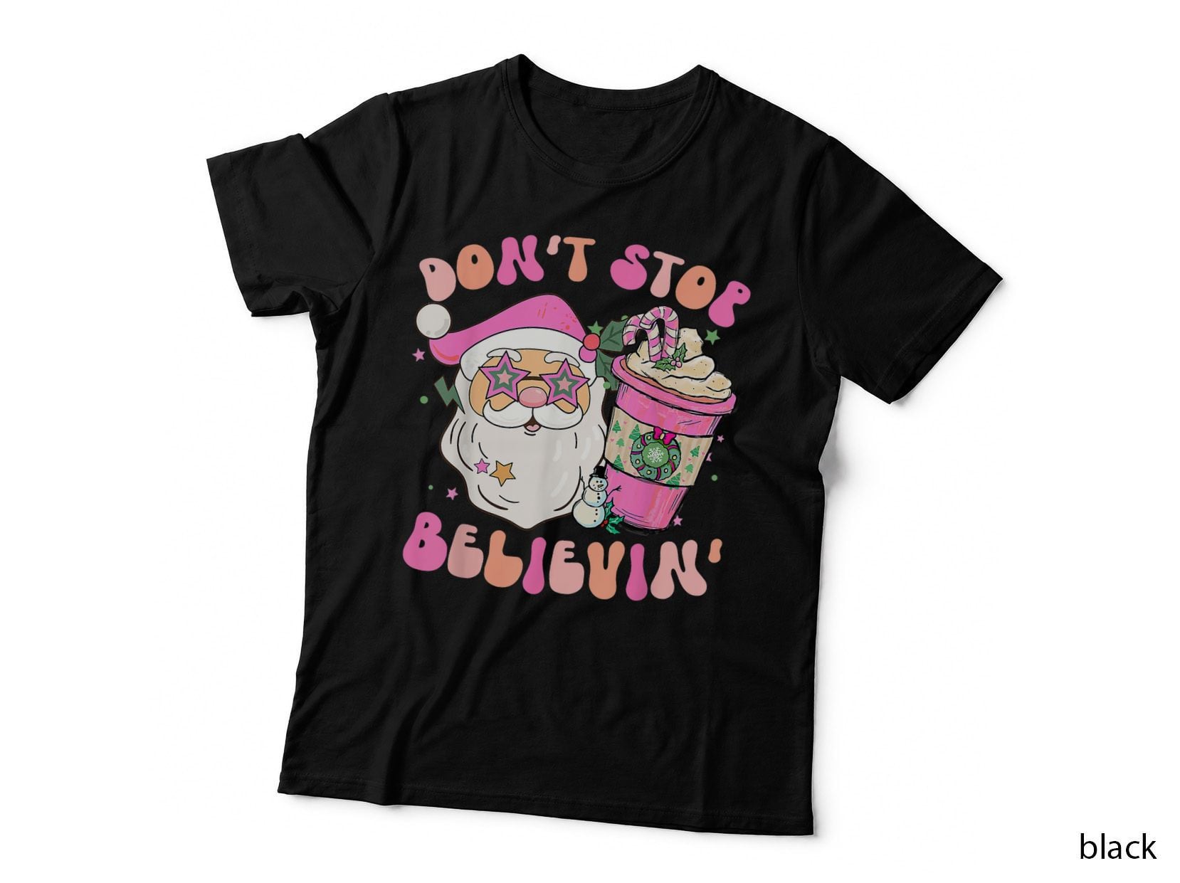Retro Groovy Don't Stop Believing Pink Christmas Funny Santa T-Shirt