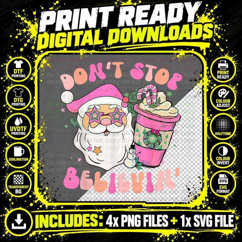 Retro Groovy Don't Stop Believing Pink Christmas Funny Png SVG Digital Bundle
