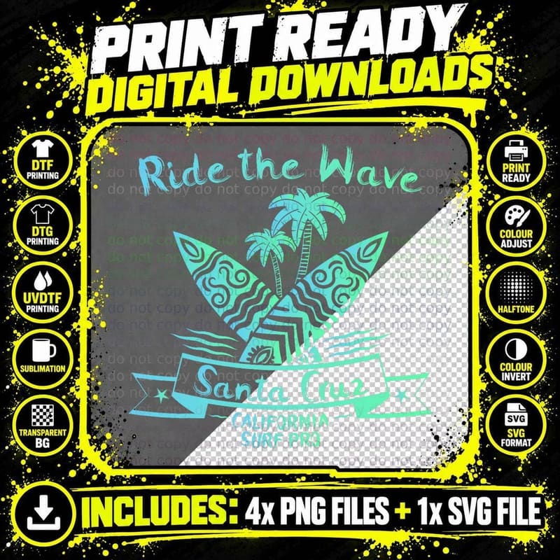 Santa Cruz Funny Ride the Wave Surfer Surfing Board Gift Png SVG Digital Bundle