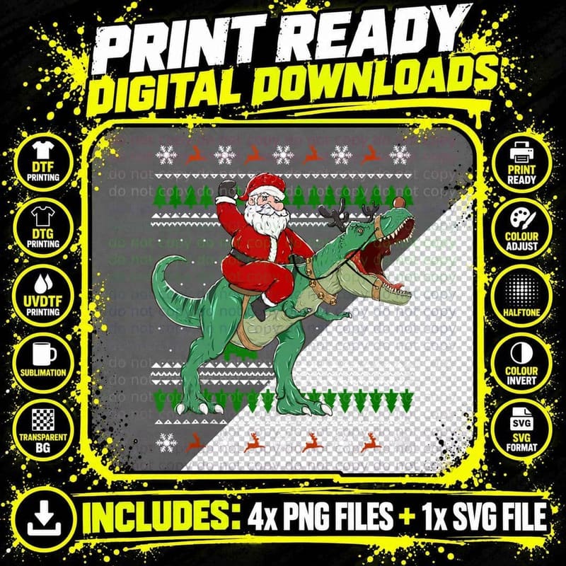 Santa Riding Dino Funny Christmas Ugly Sweater Design Png SVG Digital Bundle